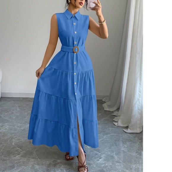 Solid Button Down Belted High Waisted Sleeveless Maxi Dress - Picture 2 of 8